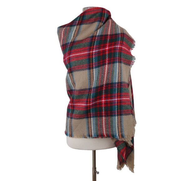 MODCLOTH Tan Red Loch and Key Tartan Plaid Square Cozy Fringe Blanket Scarf - Picture 3 of 8